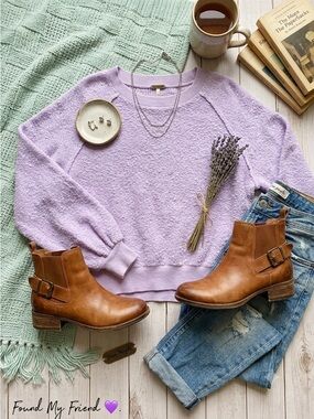 Free People Lavender Terry Balloon-Sleeve Crew Sweater